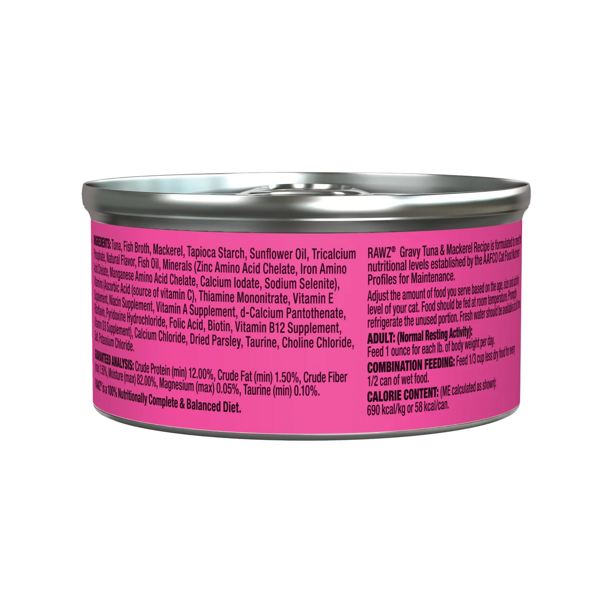 RAWZ Gravy Tuna & Mackerel Cat Food – 3 oz package, back label with ingredients
