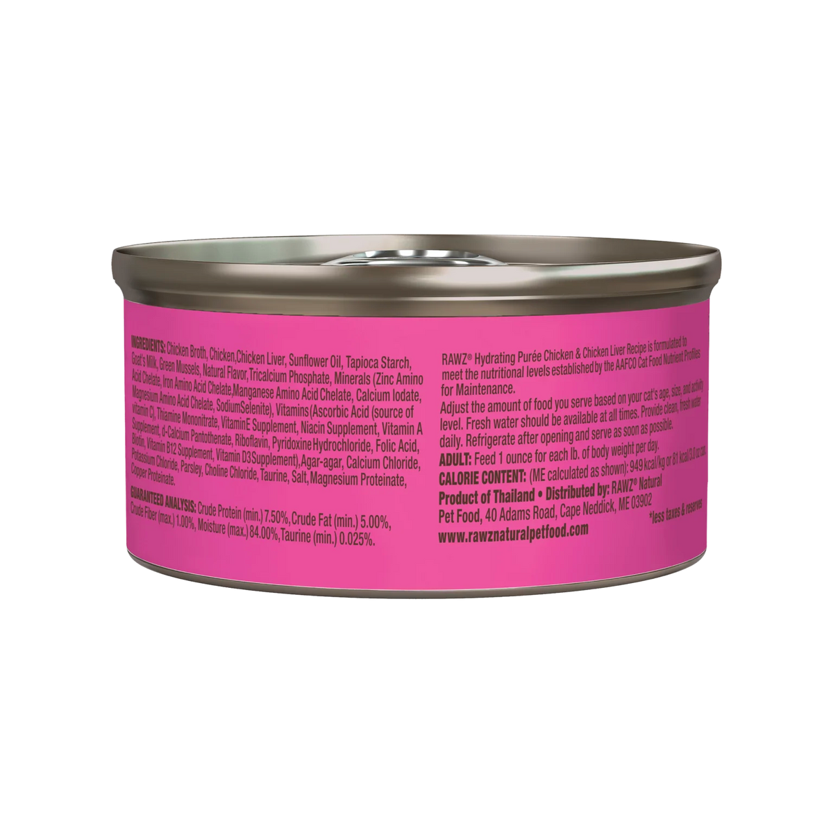 RAWZ Chicken & Chicken Liver Recipe Hydrating Puree for Cats – 3 oz package, back label with ingredients