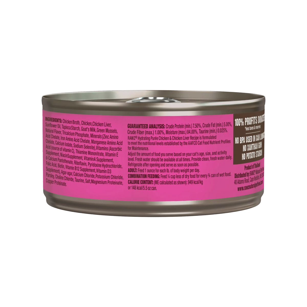 RAWZ Chicken & Chicken Liver Recipe Hydrating Puree for Cats – 5.5 oz package, back label with ingredients