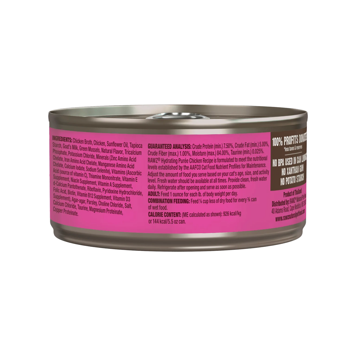 RAWZ Chicken Recipe Hydrating Puree for Cats – 5.5 oz package, back label with ingredients