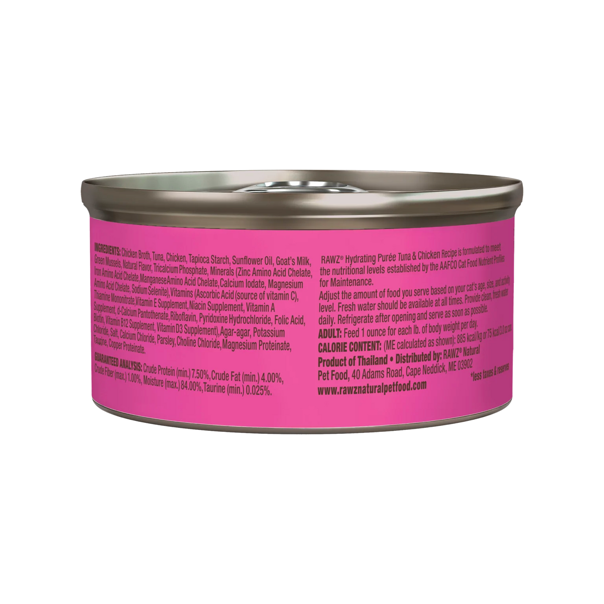 RAWZ Tuna & Chicken Recipe Hydrating Puree for Cats – 3 oz package, back label with ingredients