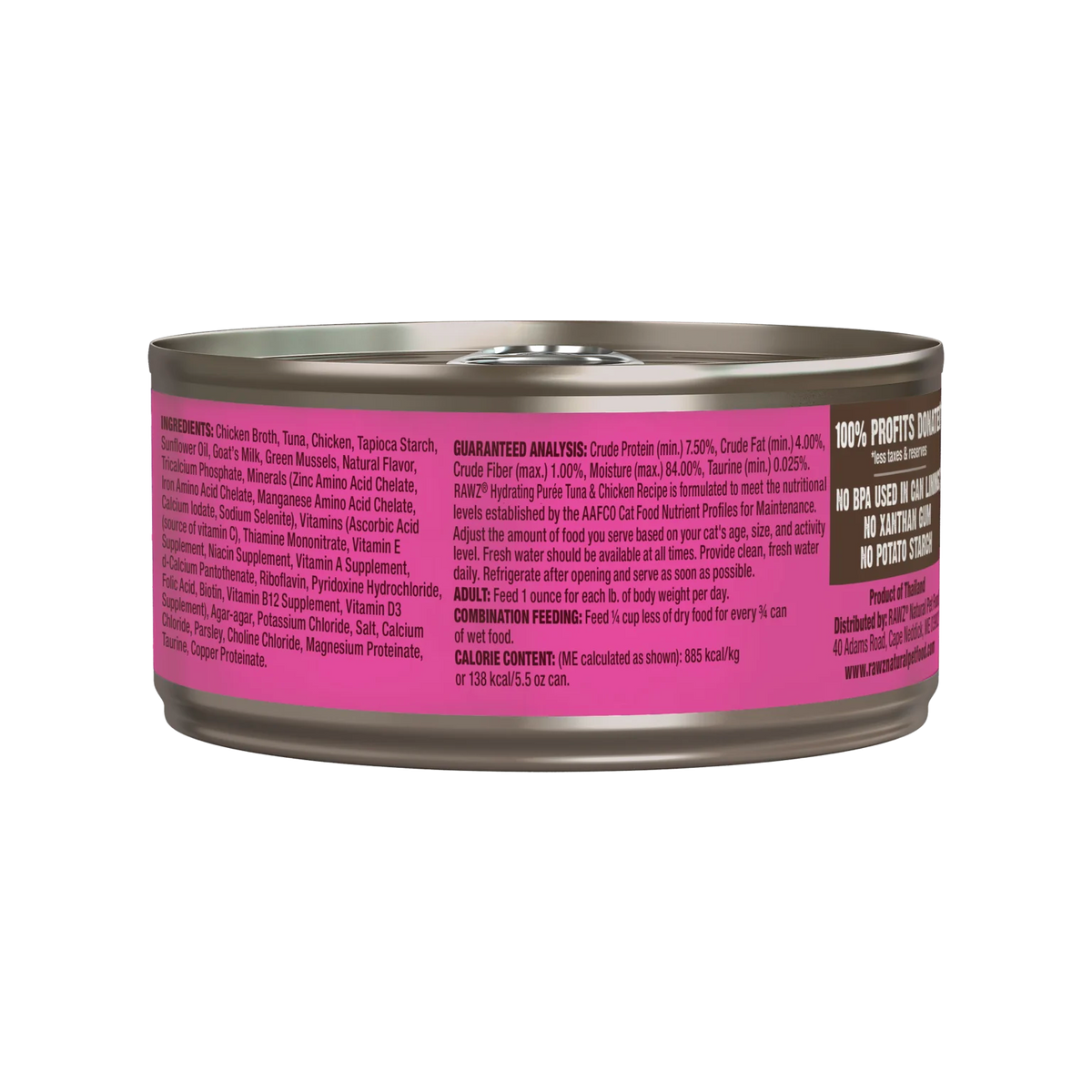 RAWZ Tuna & Chicken Recipe Hydrating Puree for Cats – 5.5 oz package, back label with ingredients