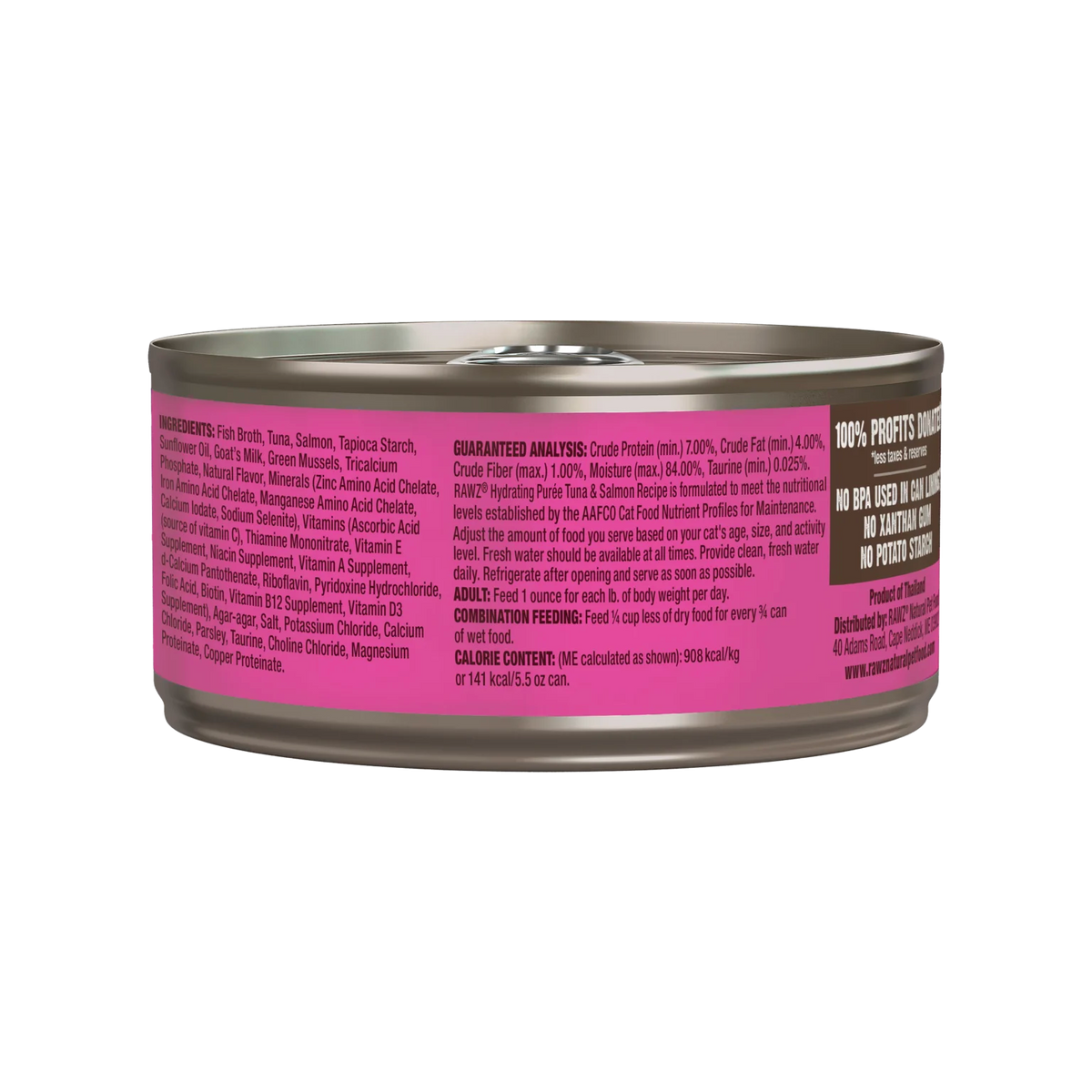 RAWZ Tuna & Salmon Recipe Hydrating Puree for Cats – 5.5 oz package, back label with ingredients