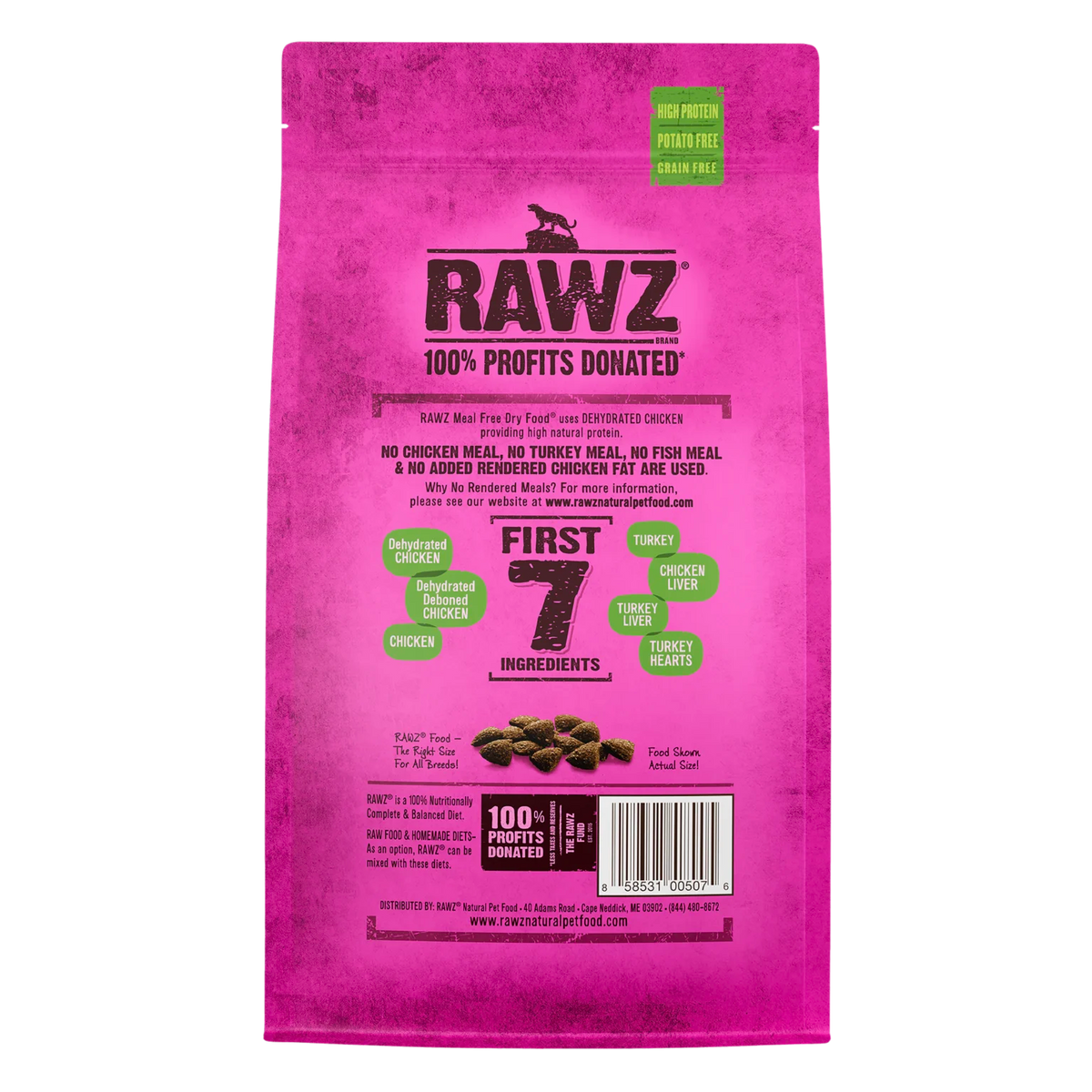 RAWZ Dehydrated Chicken, Turkey & Chicken Cat Food Recipe – 1.75 lb package, back label with ingredients