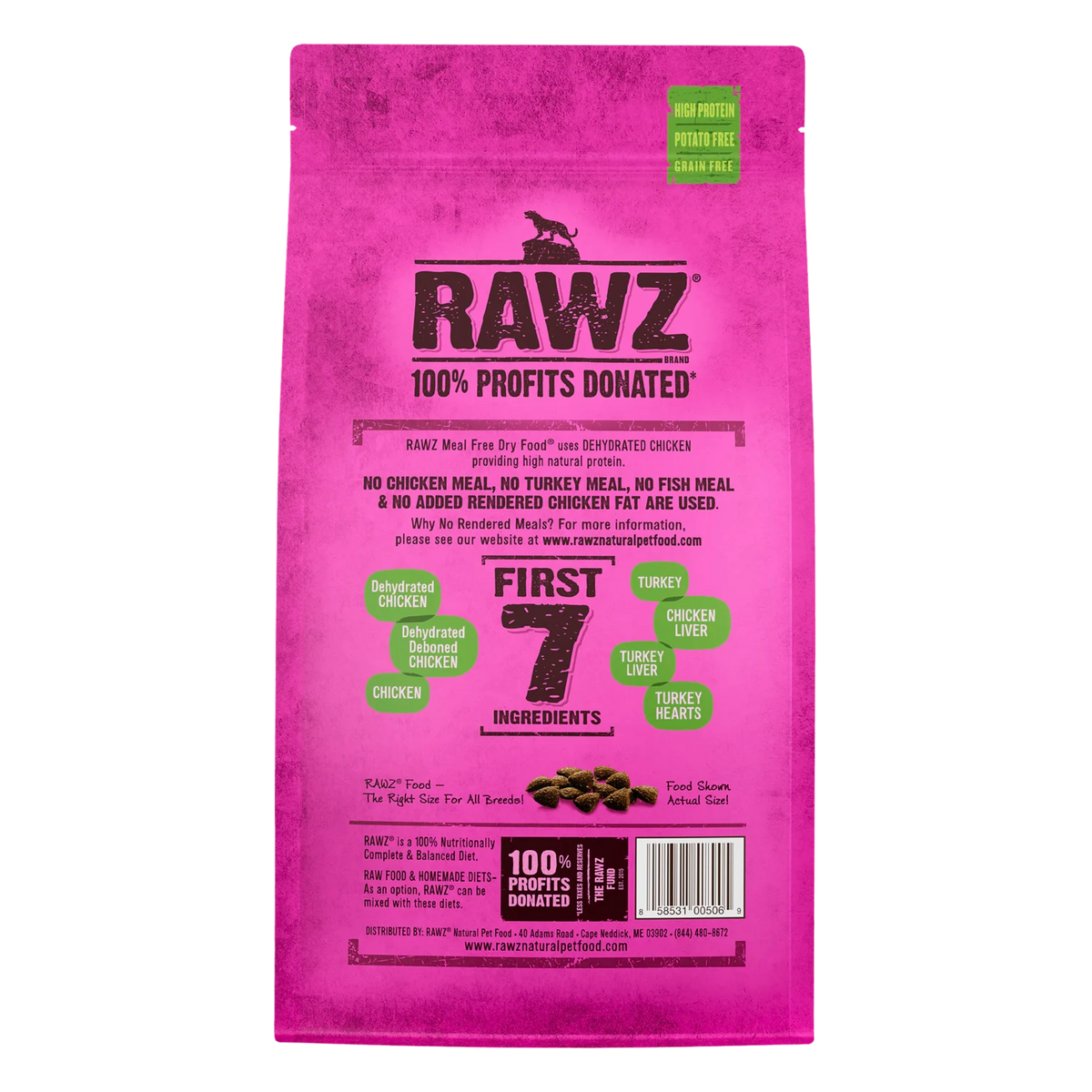 RAWZ Dehydrated Chicken, Turkey & Chicken Cat Food Recipe – 3.5 lb package, back label with ingredients