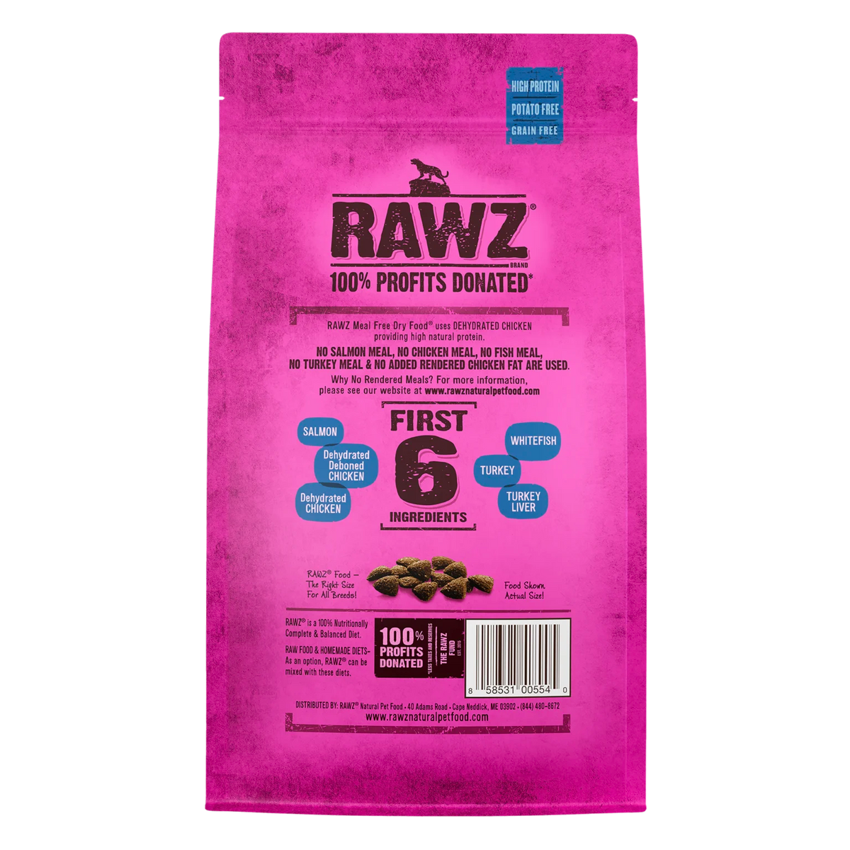 RAWZ Salmon, Dehydrated Chicken & Whitefish Cat Food Recipe – 1.75 lb package, back label with ingredients