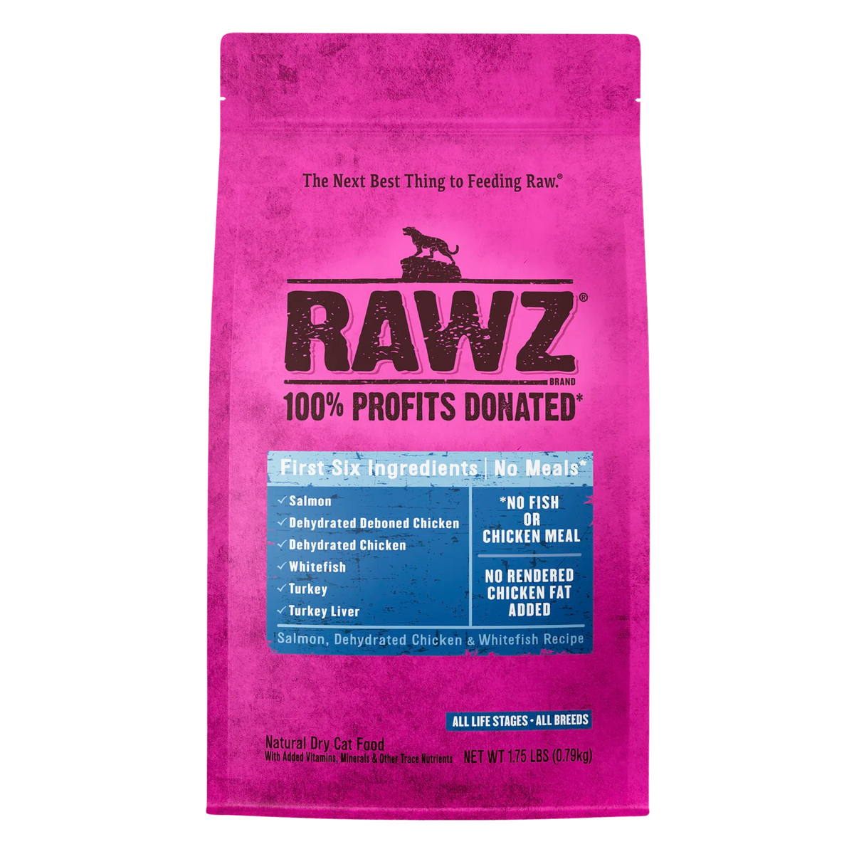 RAWZ Salmon, Dehydrated Chicken & Whitefish Cat Food Recipe – 1.75 lb package, front