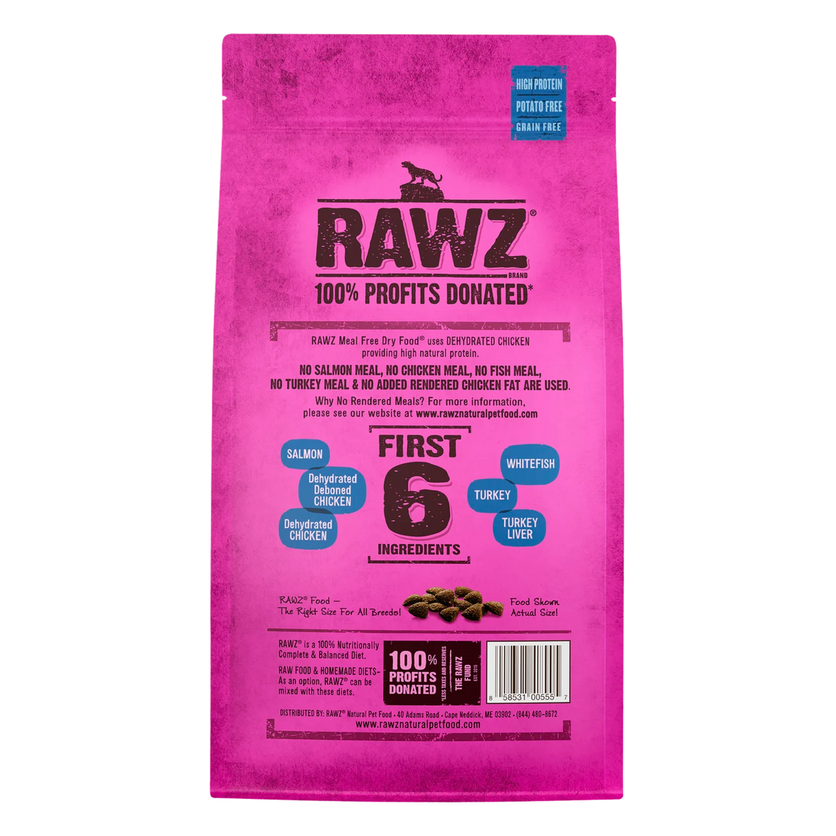 RAWZ Salmon, Dehydrated Chicken & Whitefish Cat Food Recipe – 3.5 lb package, back label with ingredients