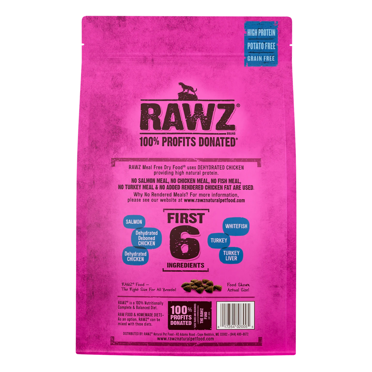 RAWZ Salmon, Dehydrated Chicken & Whitefish Cat Food Recipe – 7.8 lb package, back label with ingredients