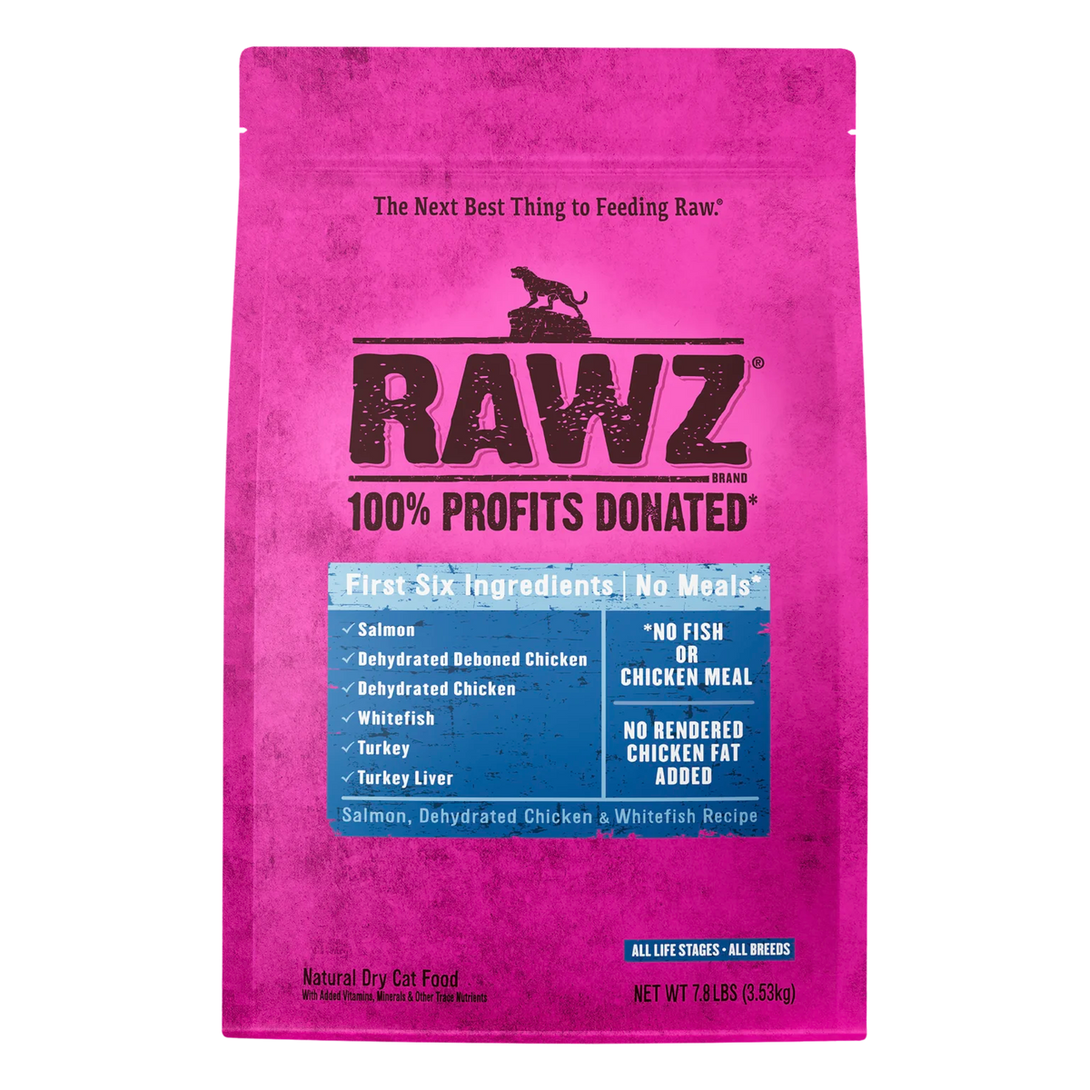 RAWZ Salmon, Dehydrated Chicken & Whitefish Cat Food Recipe – 7.8 lb package, front