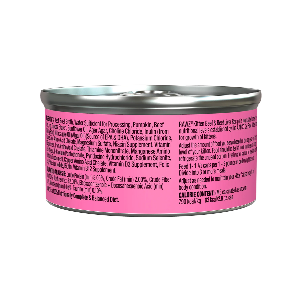 RAWZ Kitten Beef & Beef Liver Cat Food – 2.8 oz package, back label with ingredients