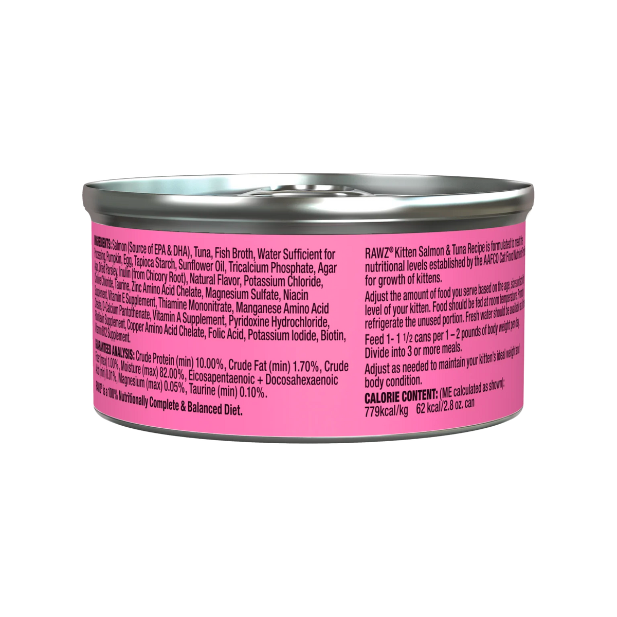RAWZ Kitten Salmon & Tuna Cat Food – 2.8 oz package, back label with ingredients