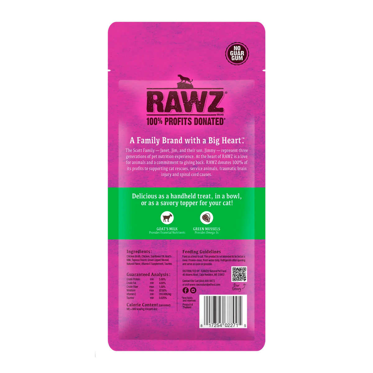 RAWZ Chicken with Goat's Milk & Green Mussels Lickable Topper/Treat for Cats – package, back label with ingredients