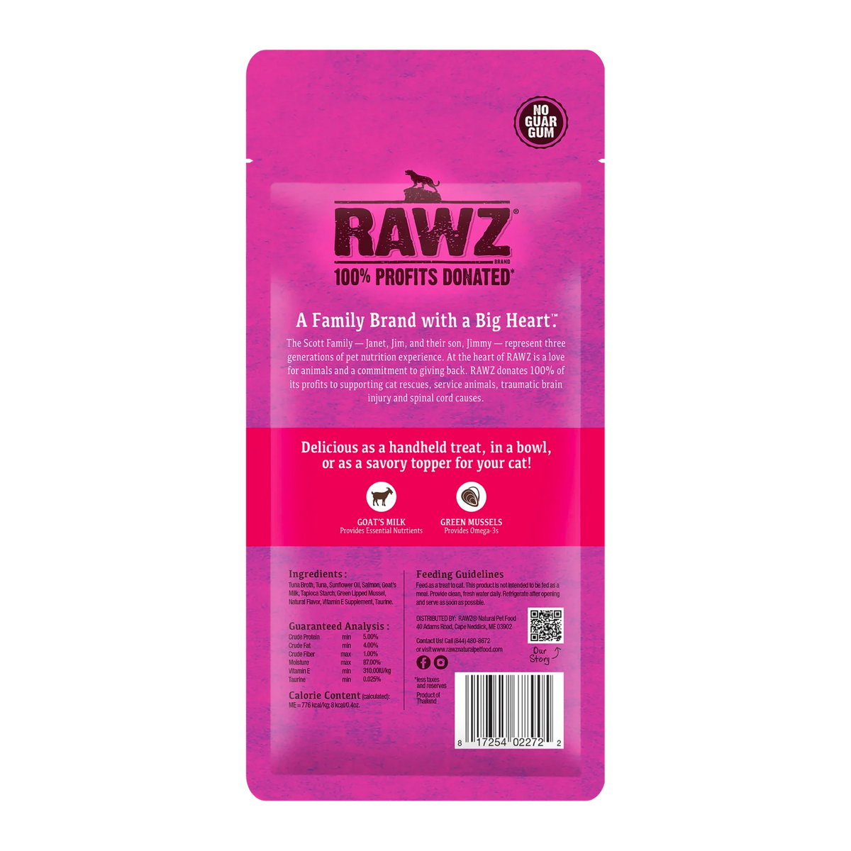 RAWZ Wild Caught Tuna & Salmon with Goat's Milk & Green Mussels Lickable Topper/Treat for Cats – package, back label with ingredients