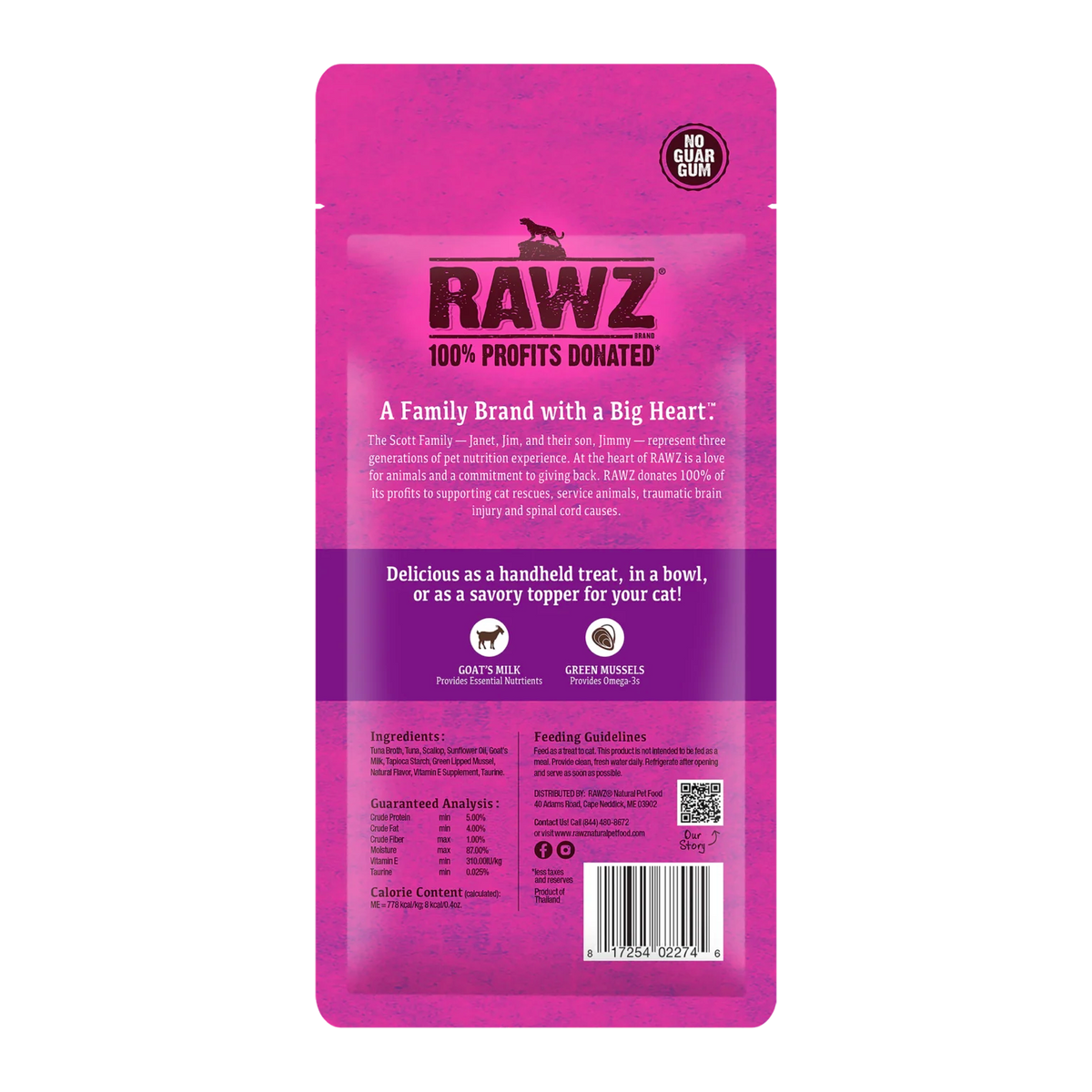 RAWZ Wild Caught Tuna & Scallop with Goat's Milk & Green Mussels Lickable Topper/Treat for Cats – package, back label with ingredients