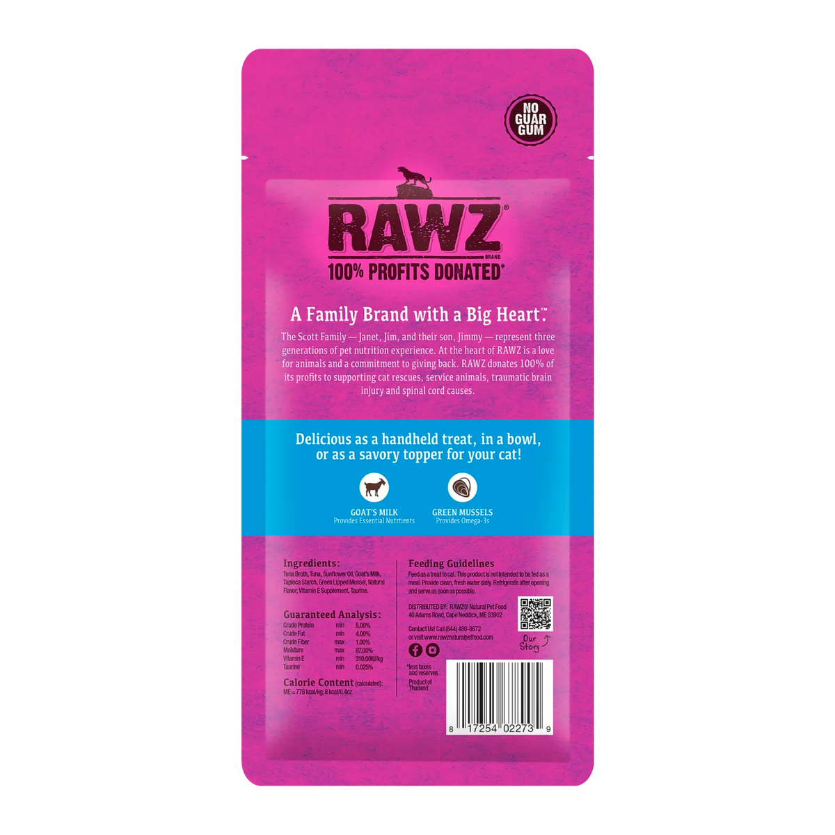 RAWZ Wild Caught Tuna with Goat's Milk & Green Mussels Lickable Topper/Treat for Cats – package, back label with ingredients