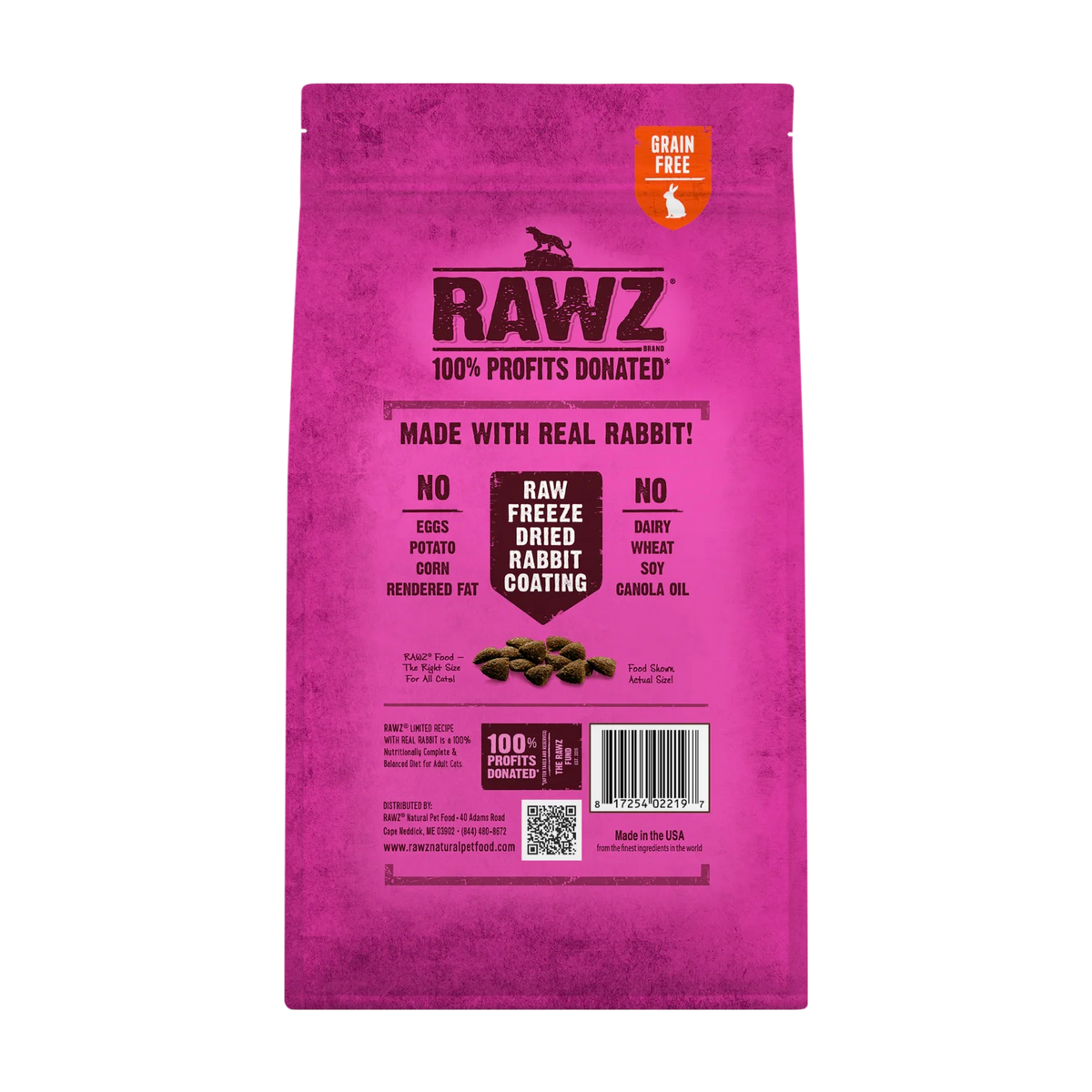 RAWZ Real Rabbit Dry Food For Cats – 1.75 lb package, back label with ingredients