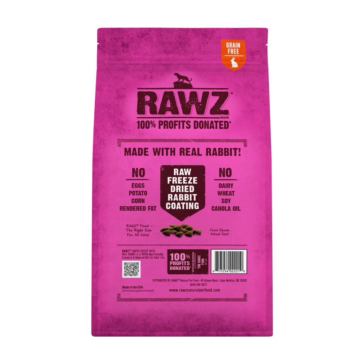 RAWZ Real Rabbit Dry Food For Cats – 3.5 lb package, back label with ingredients