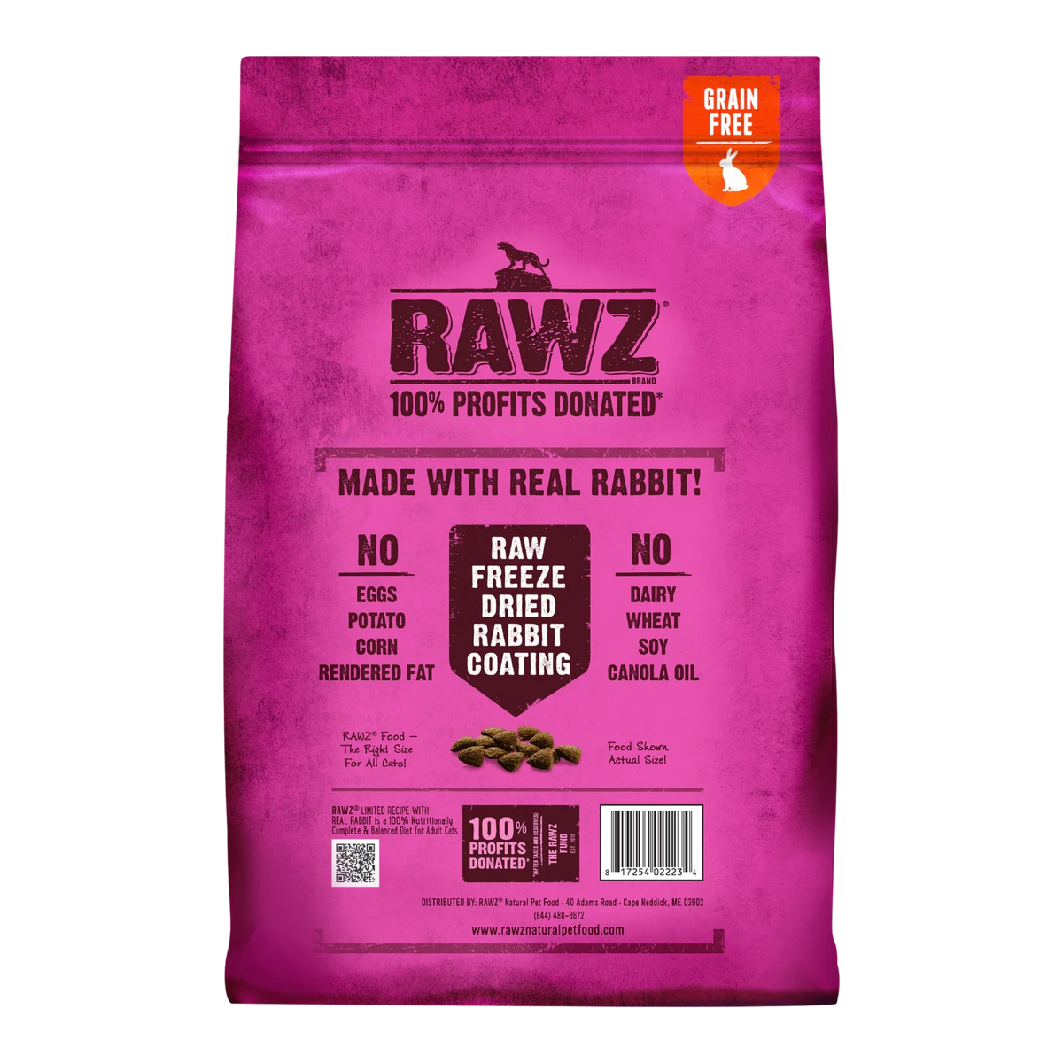 RAWZ Real Rabbit Dry Food For Cats – 7.8 lb package, back label with ingredients