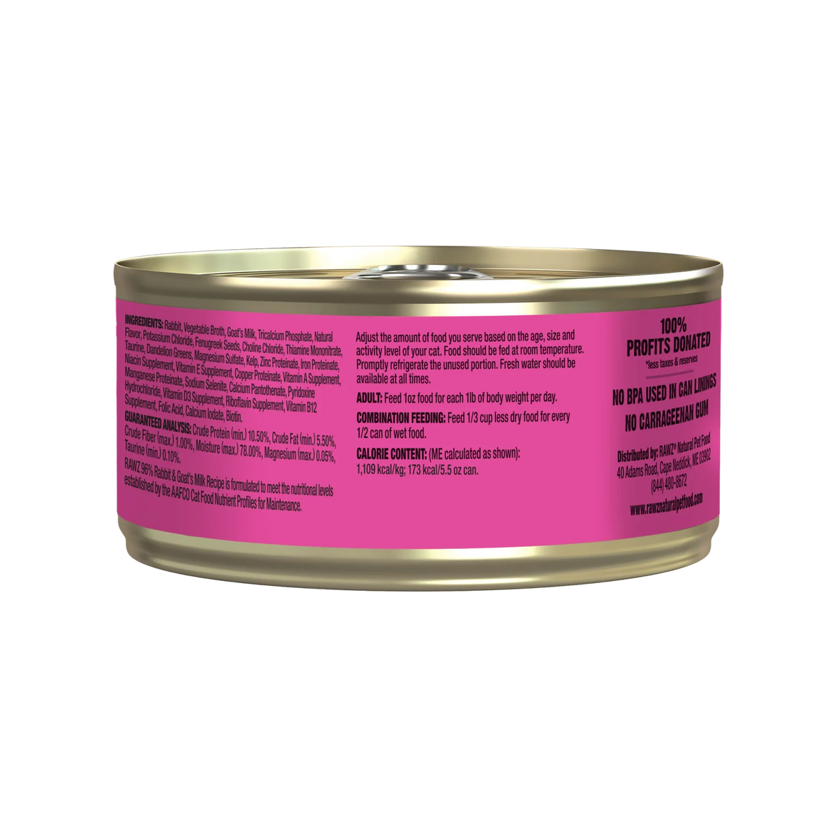 RAWZ 96% Rabbit with Goat's Milk Canned Cat Food – 5.5 oz package, back label with ingredients