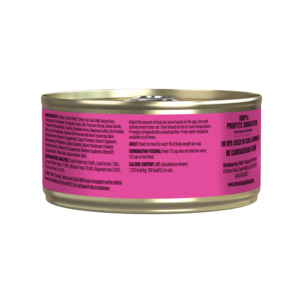RAWZ 96% Turkey & Turkey Liver With Goat's Milk Canned Cat Food – 5.5 oz package, back label with ingredients