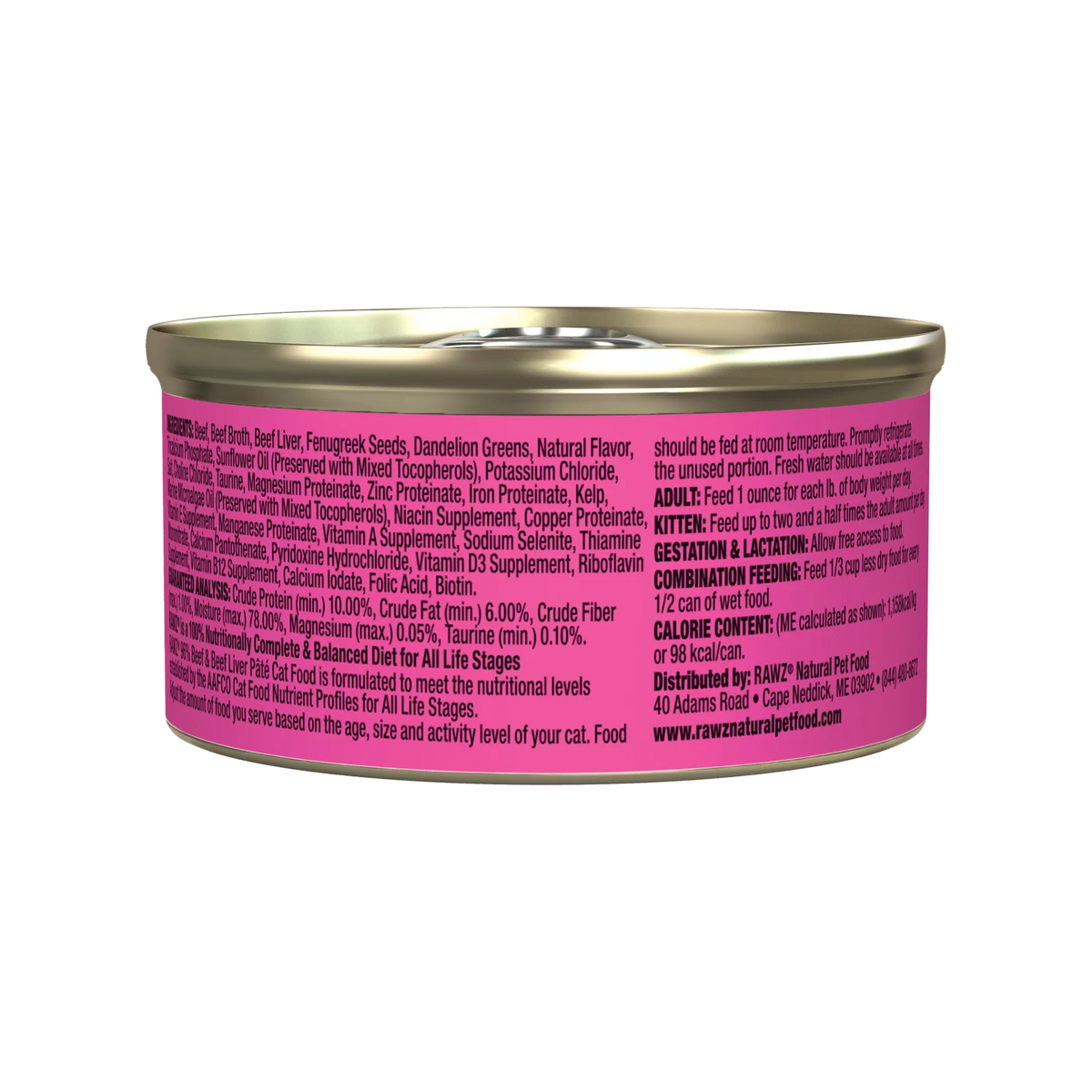 RAWZ 96% Beef & Beef Liver Pate Cat Food – 3 oz package, back label with ingredients