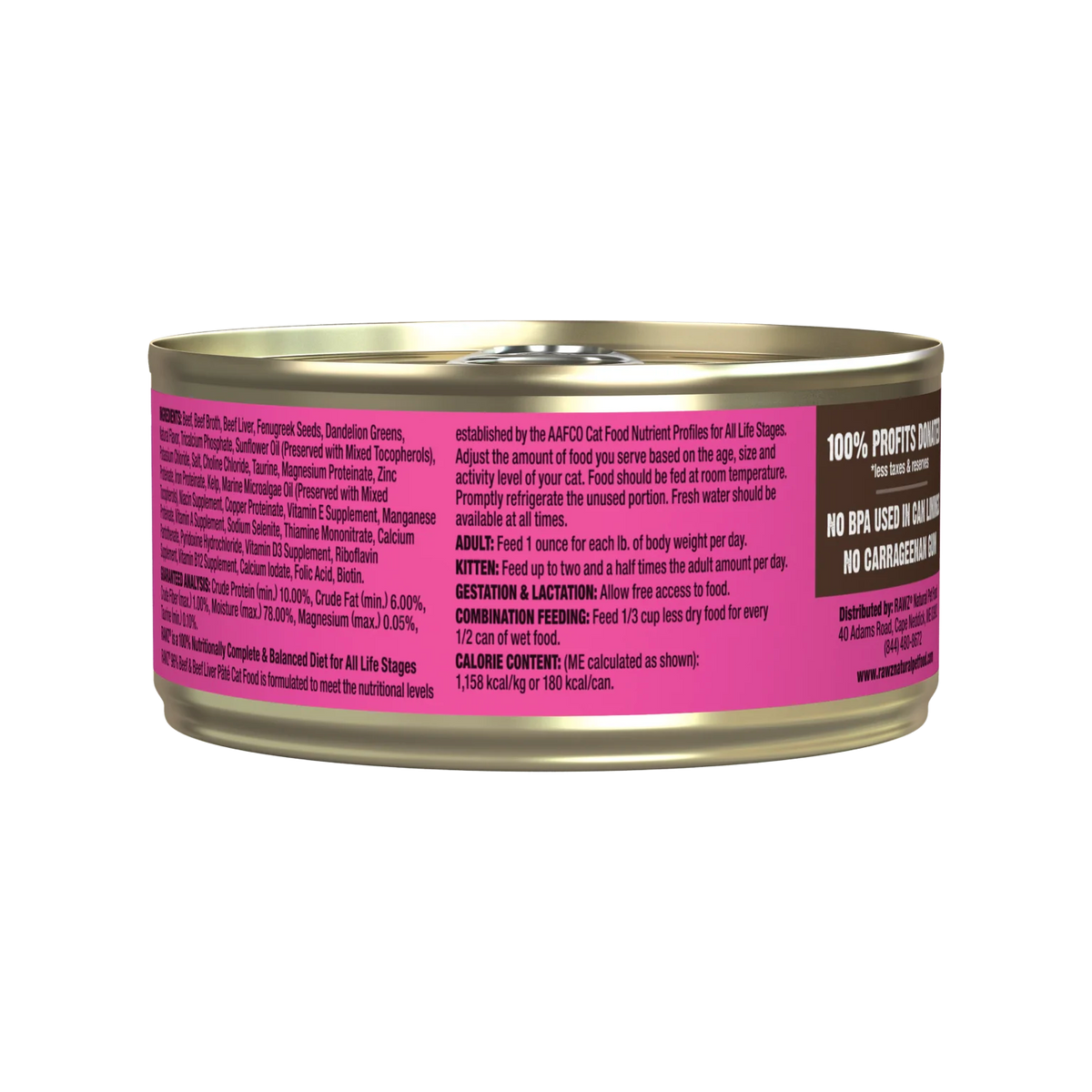RAWZ 96% Beef & Beef Liver Pate Cat Food – 5.5 oz package, back label with ingredients