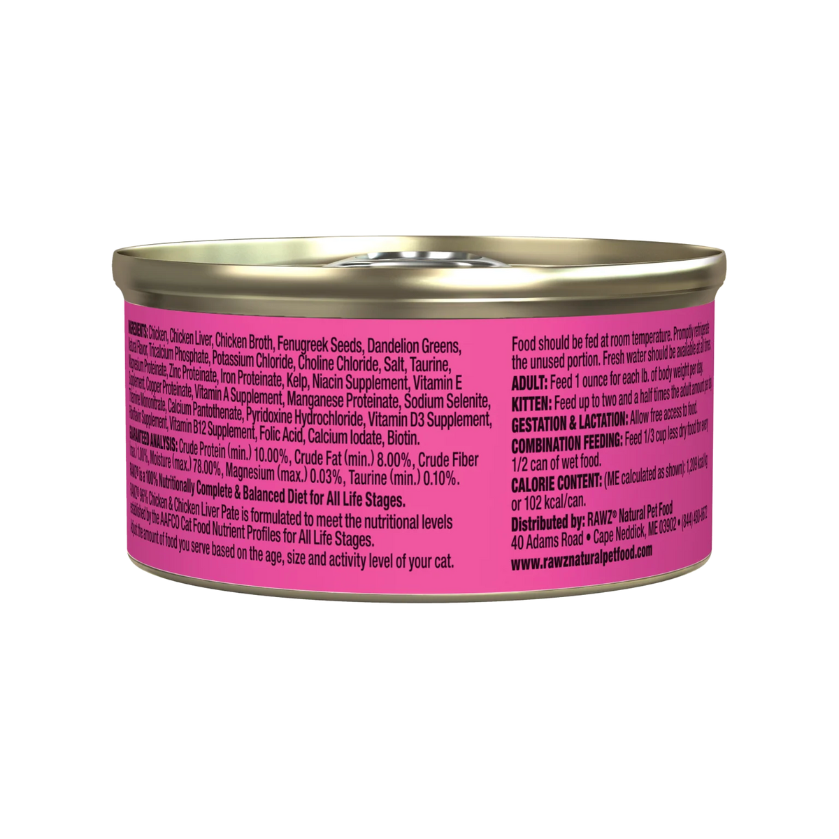 RAWZ 96% Chicken & Chicken Liver Pate Cat Food – 3 oz package, back label with ingredients