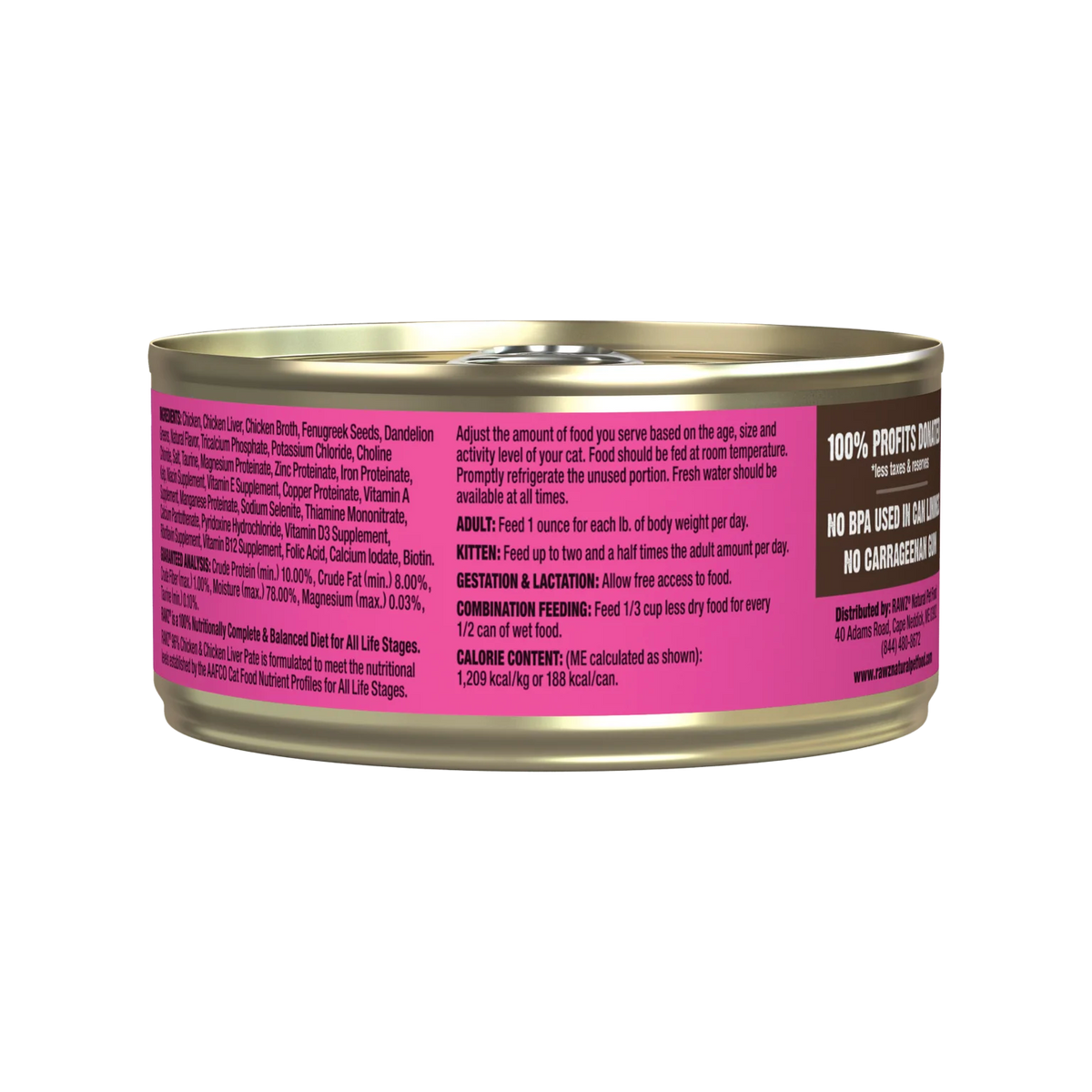 RAWZ 96% Chicken & Chicken Liver Pate Cat Food – 5.5 oz package, back label with ingredients
