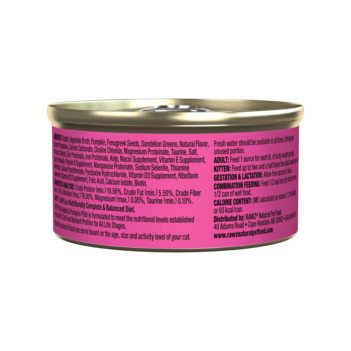 RAWZ 96% Rabbit & Pumpkin Pate Cat Food – 3 oz package, back label with ingredients