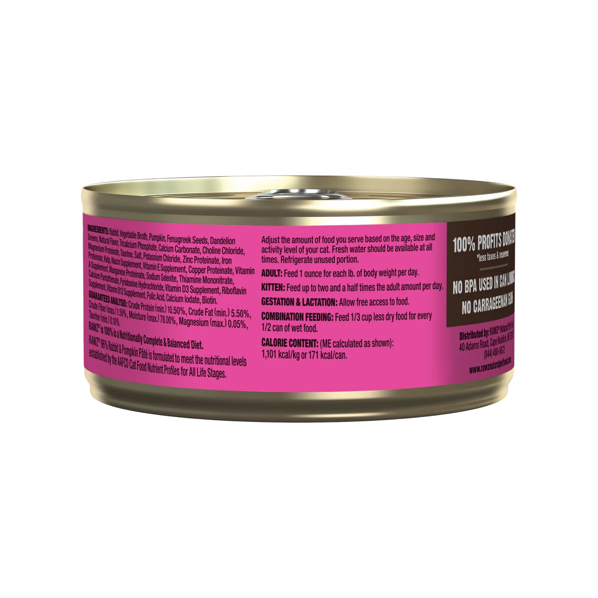 RAWZ 96% Rabbit & Pumpkin Pate Cat Food – 5.5 oz package, back label with ingredients