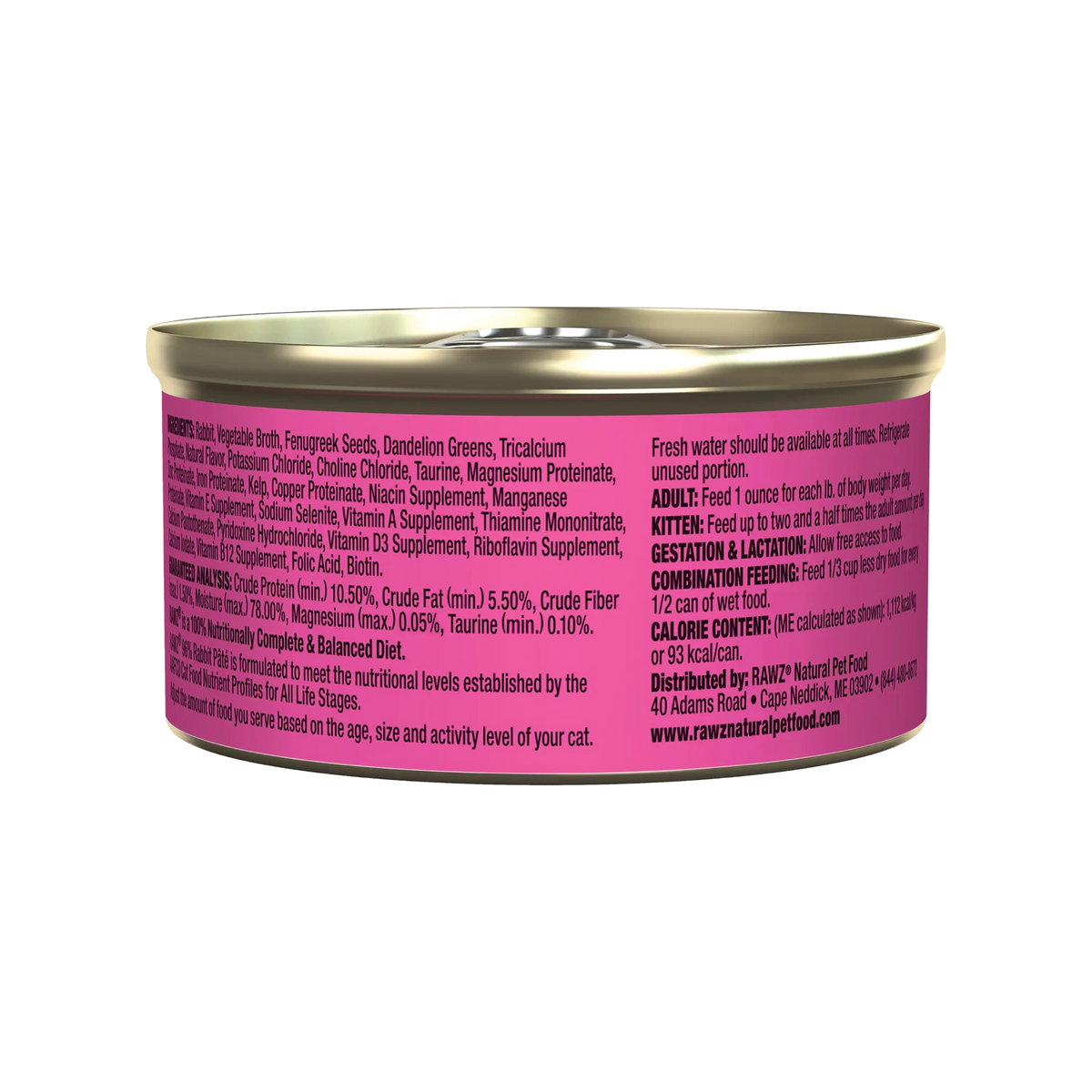 RAWZ 96% Rabbit Pate Cat Food – 3 oz package, back label with ingredients