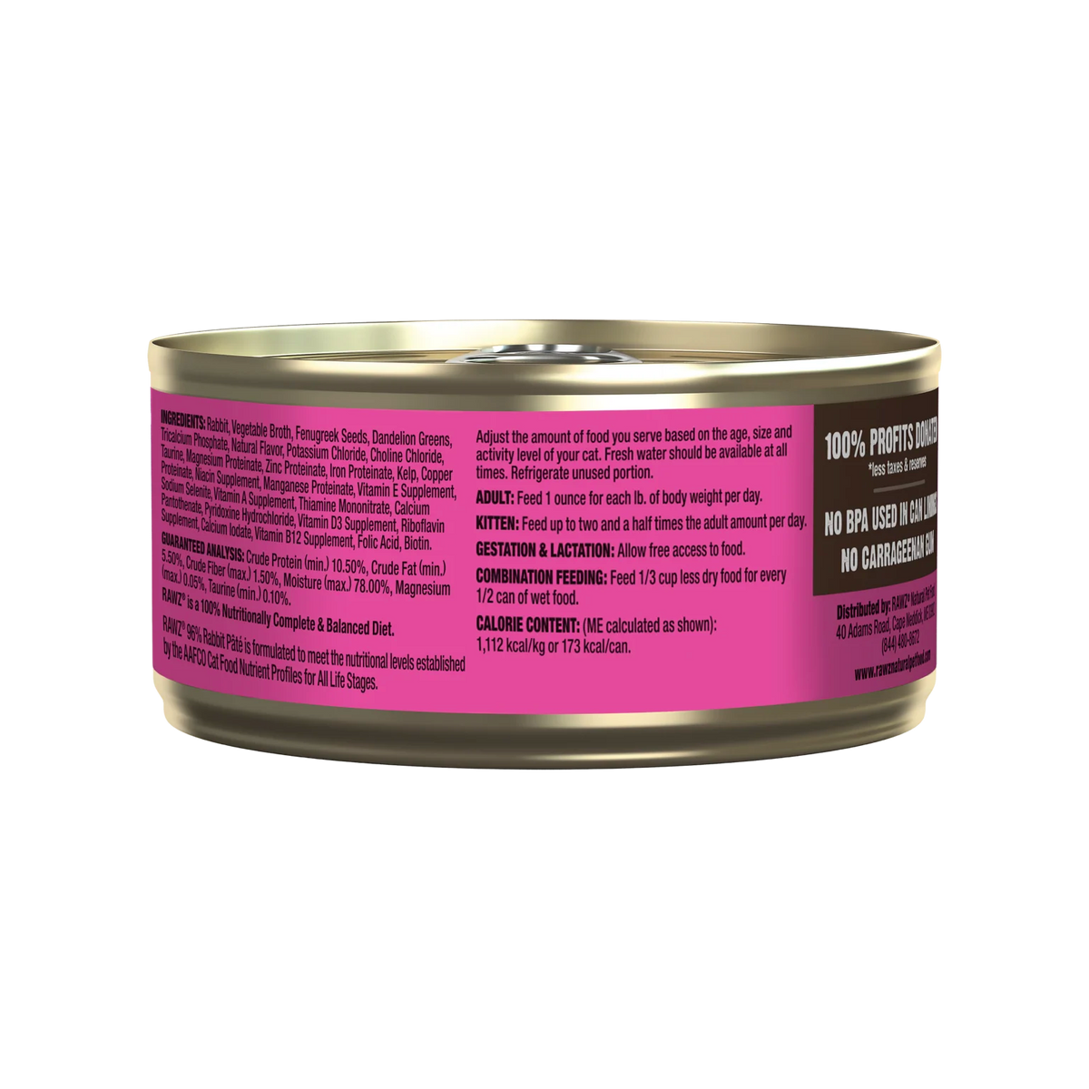 RAWZ 96% Rabbit Pate Cat Food – 5.5 oz package, back label with ingredients