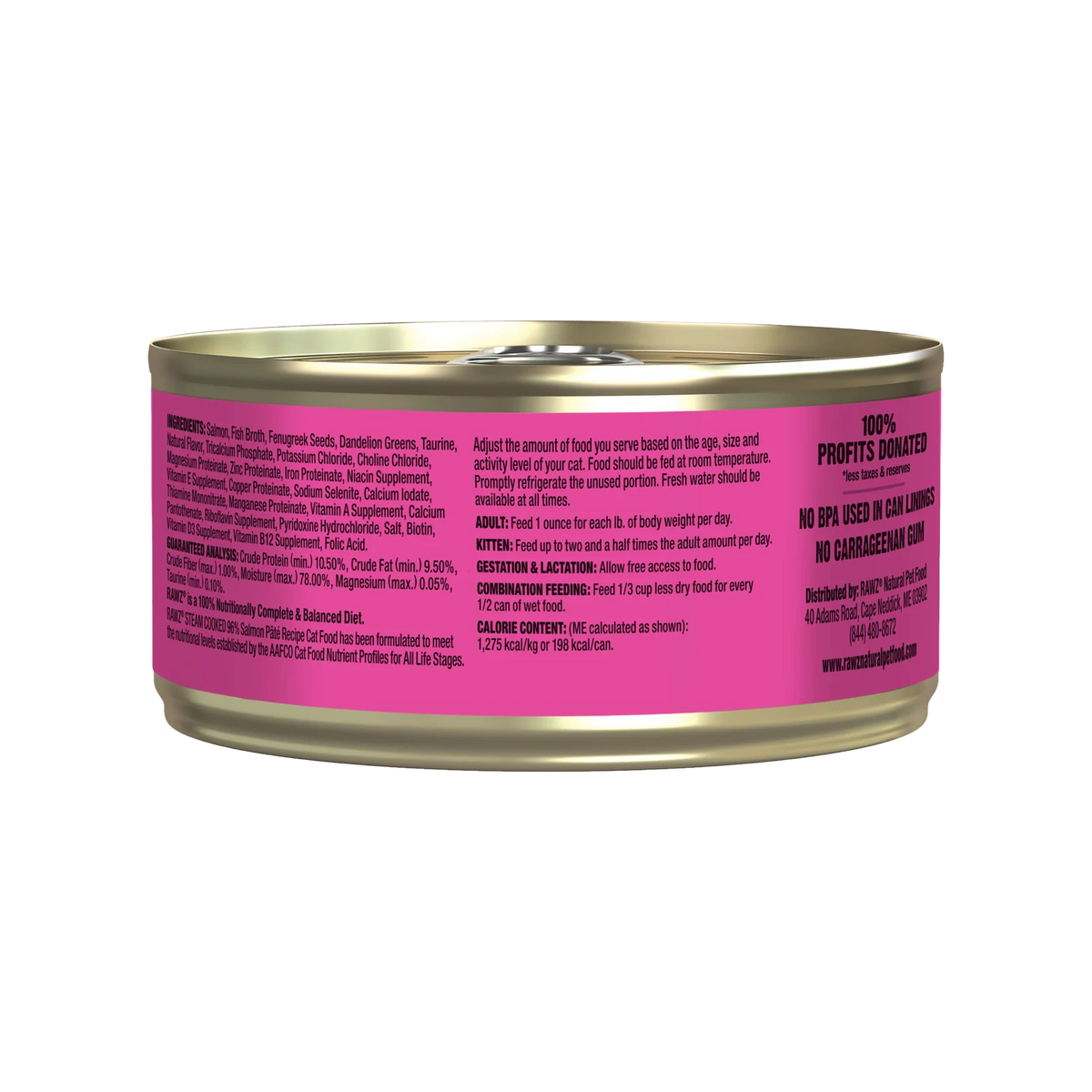 RAWZ 96% Salmon Pate Cat Food – 5.5 oz package, back label with ingredients