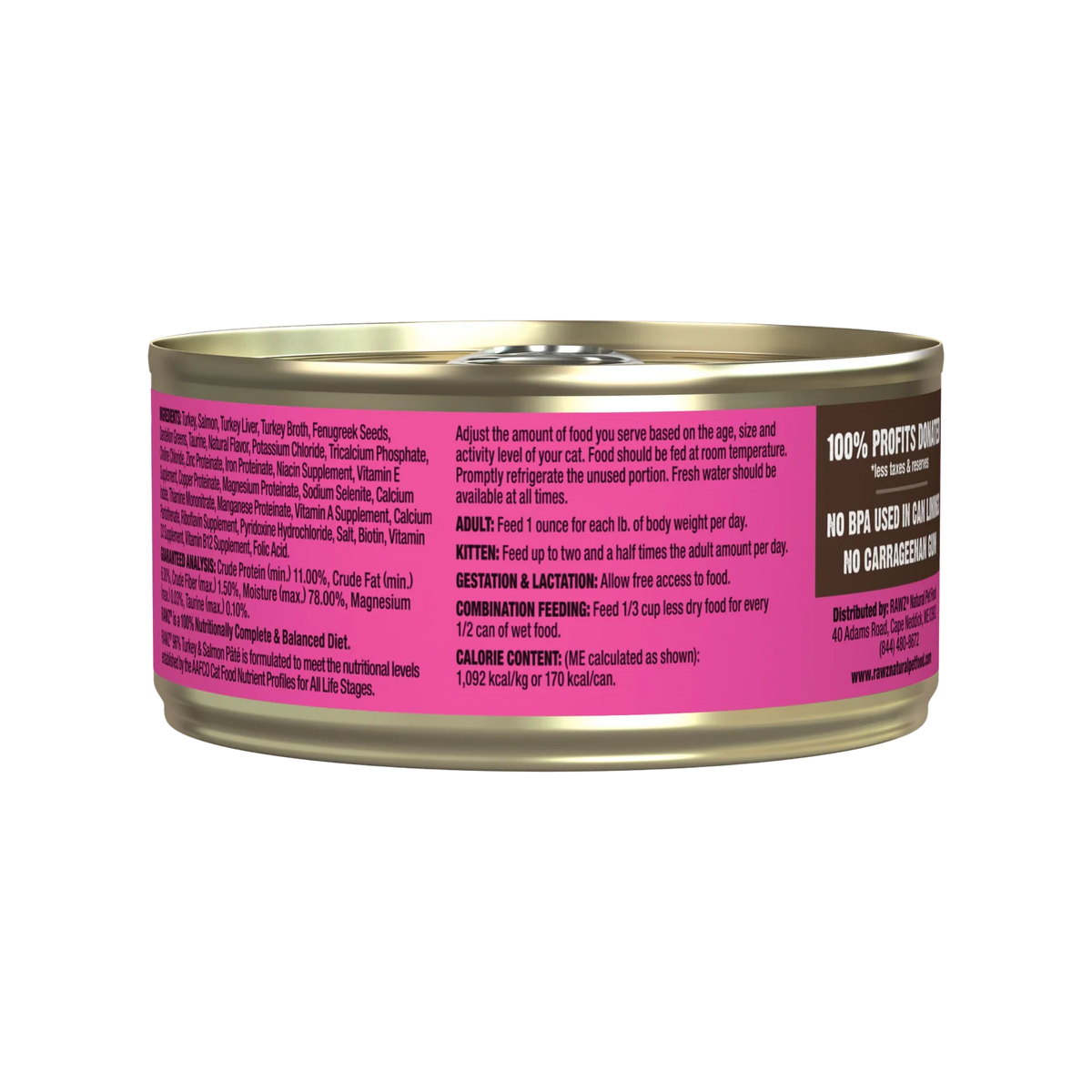 RAWZ 96% Turkey & Salmon Pate Cat Food – 5.5 oz package, back label with ingredients