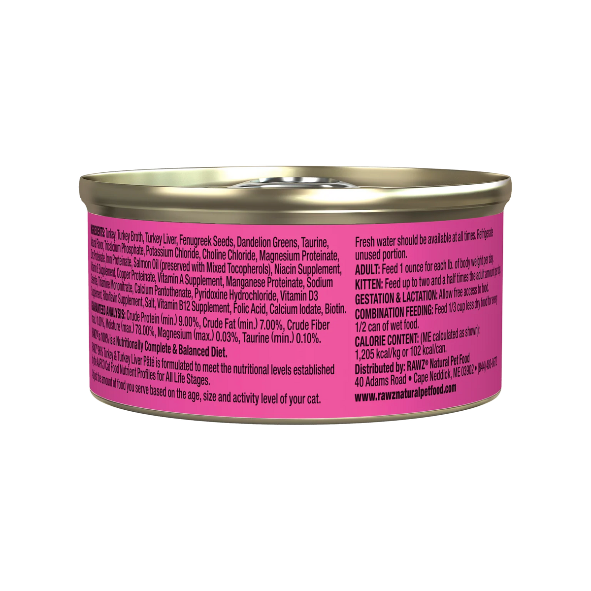 RAWZ 96% Turkey & Turkey Liver Pate Cat Food – 3 oz package, back label with ingredients