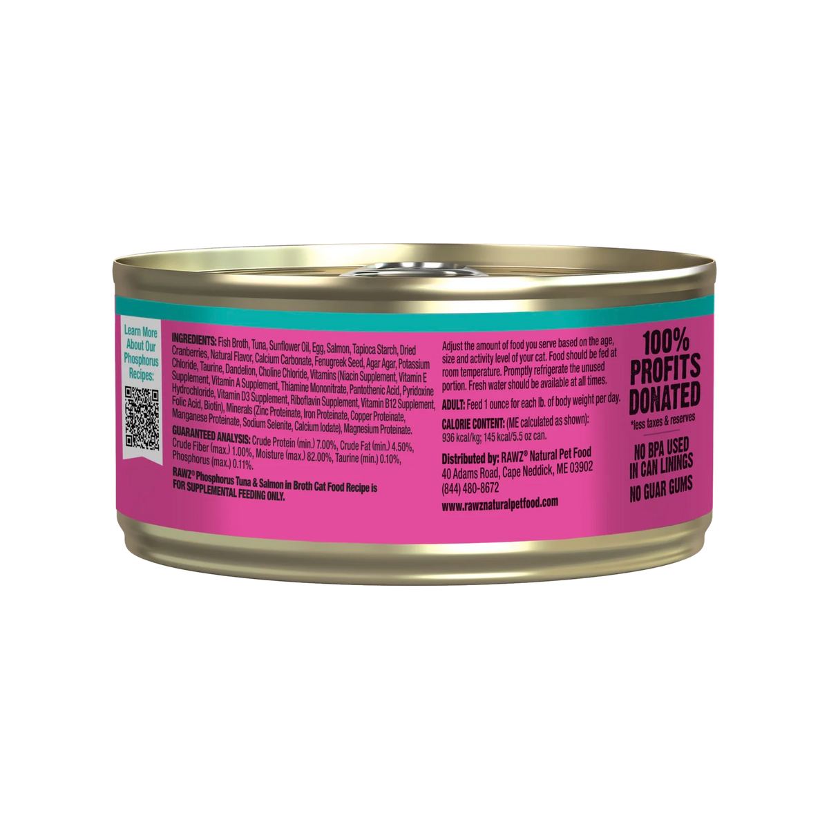 RAWZ Lower Phosphorus Tuna & Salmon Canned Cat Food – 5.5 oz package, back label with ingredients