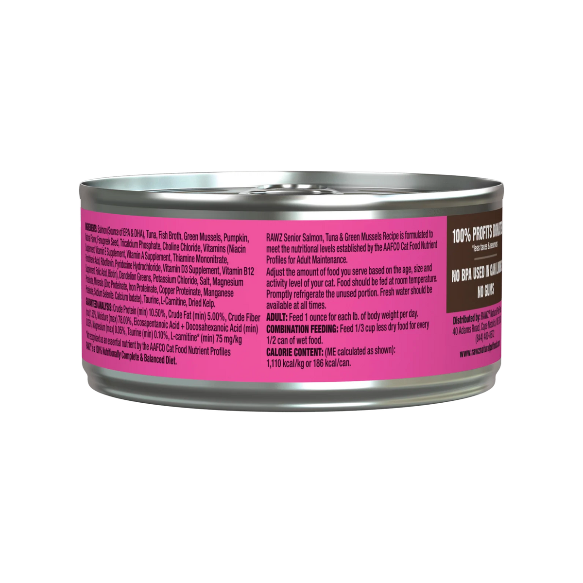 RAWZ Senior Salmon, Tuna & New Zealand Green Mussels Cat Food – 5.5 oz package, back label with ingredients