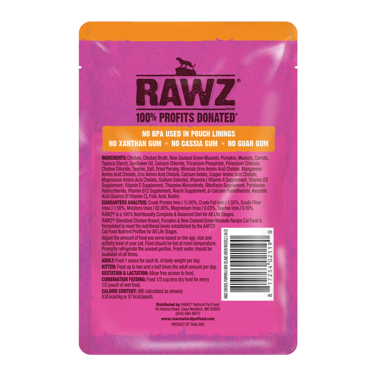 RAWZ Shredded Pouch Chicken Breast, Pumpkin & New Zealand Green Mussels Cat Food Recipe – pouch, back label with ingredients