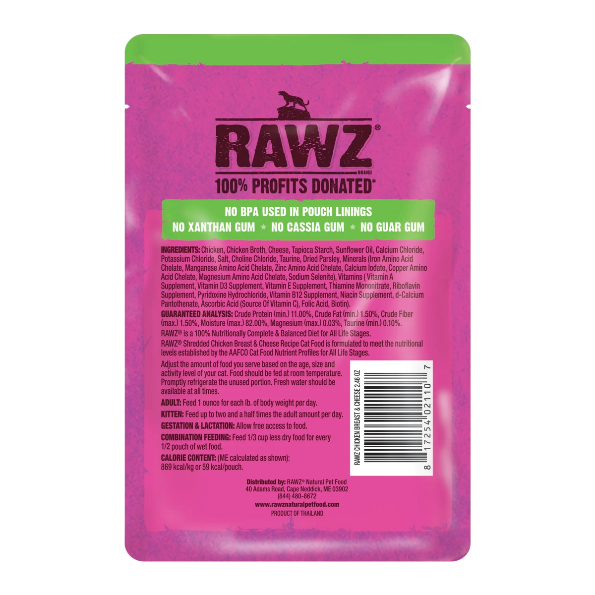 RAWZ Shredded Pouch Chicken Breast & Cheese Cat Food Recipe – pouch, back label with ingredients