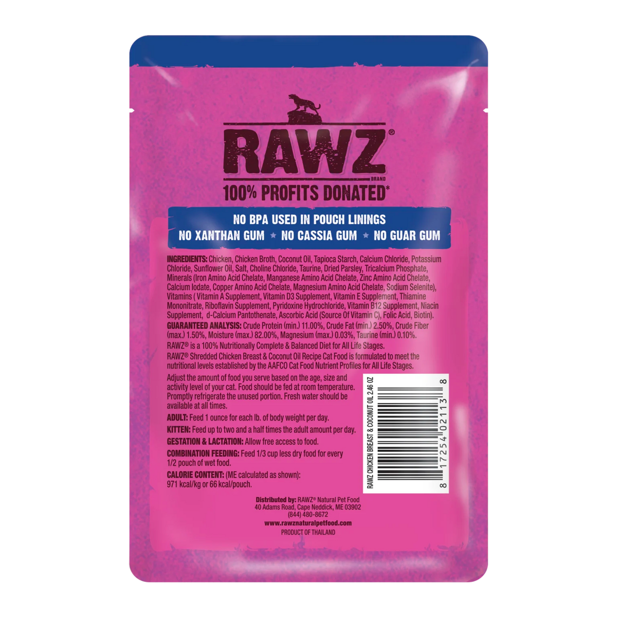 RAWZ Shredded Pouch Chicken Breast & Coconut Oil Cat Food Recipe – pouch, back label with ingredients