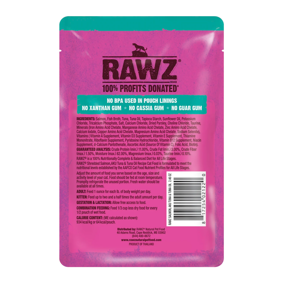 RAWZ Shredded Pouch Salmon, Aku Tuna & Tuna Oil Cat Food Recipe – pouch, back label with ingredients