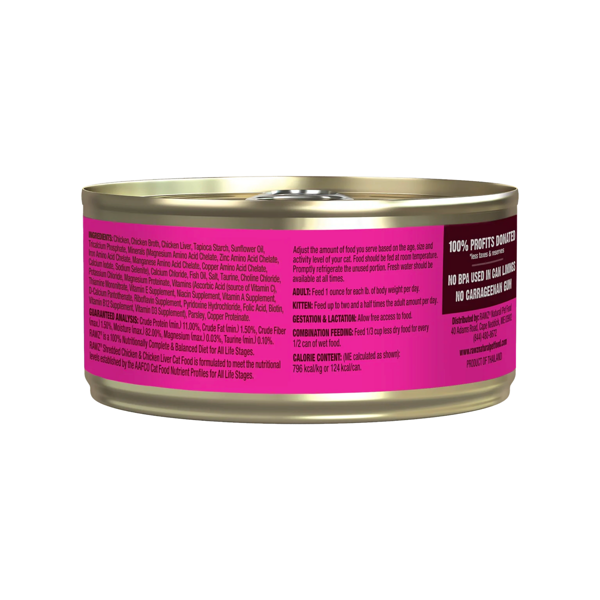 RAWZ Shredded Chicken & Chicken Liver Cat Food Recipe – 5.5 oz package, back label with ingredients