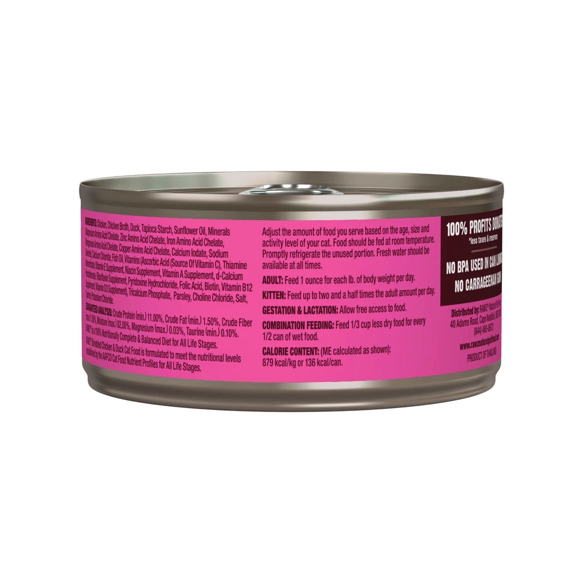 RAWZ Shredded Chicken & Duck Cat Food Recipe – 5.5 oz package, back label with ingredients