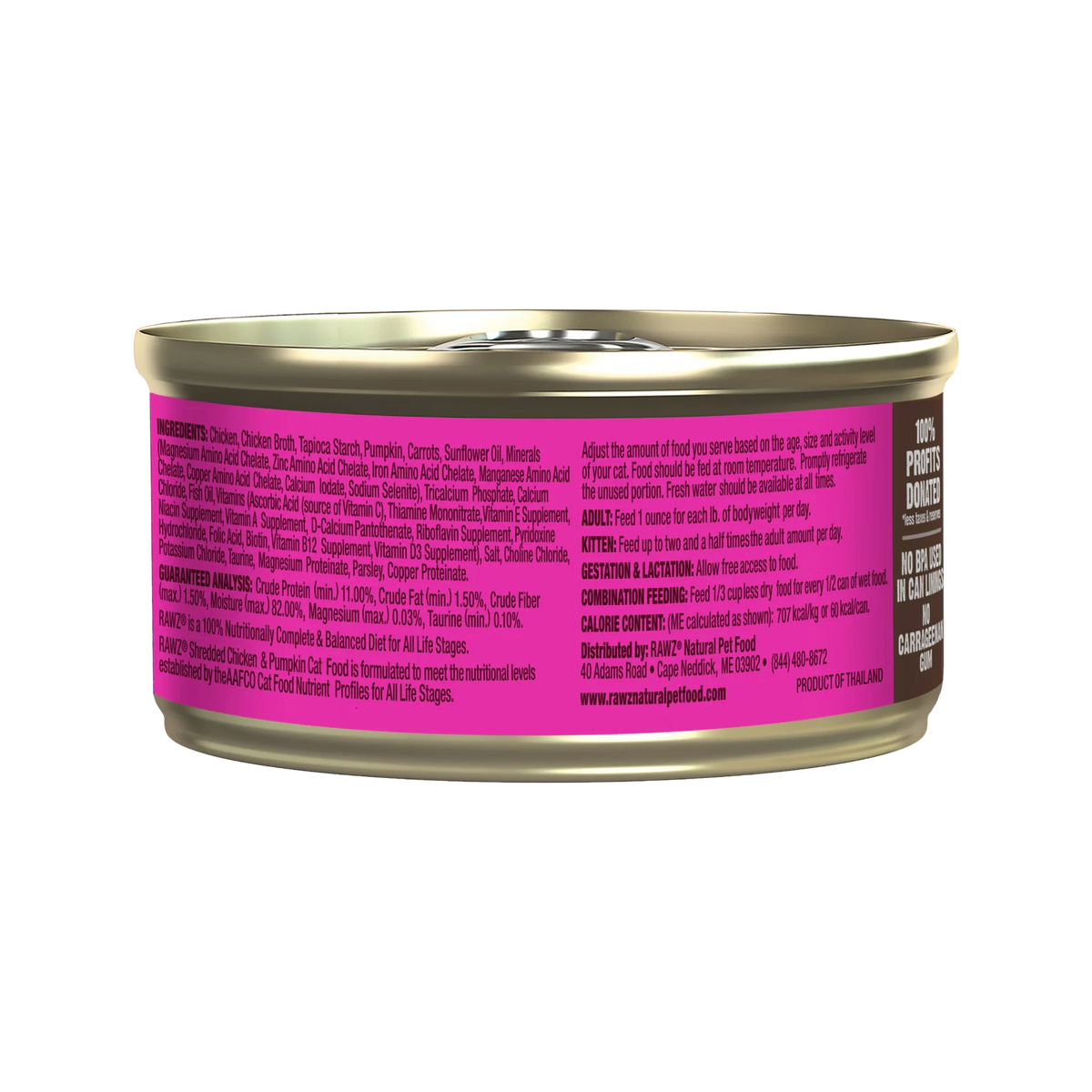 RAWZ Shredded Chicken & Pumpkin Cat Food Recipe – 3 oz package, back label with ingredients