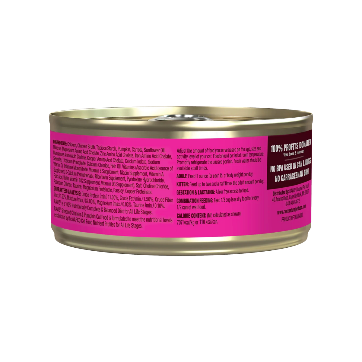 RAWZ Shredded Chicken & Pumpkin Cat Food Recipe – 5.5 oz package, back label with ingredients