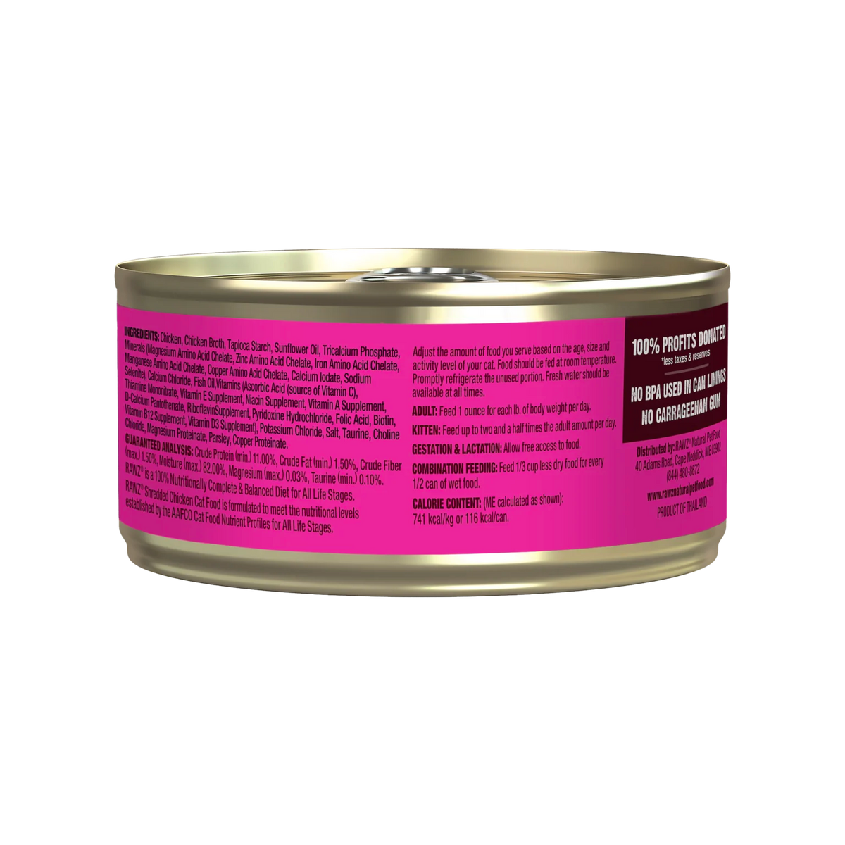 RAWZ Shredded Chicken Cat Food Recipe – 5.5 oz package, back label with ingredients