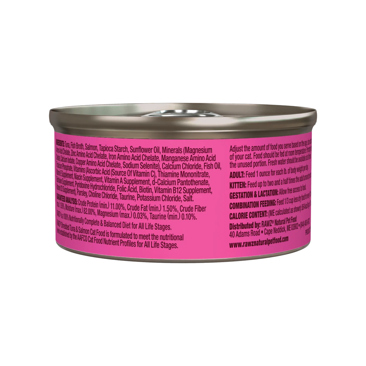 RAWZ Shredded Tuna & Salmon Cat Food Recipe – 3 oz package, back label with ingredients