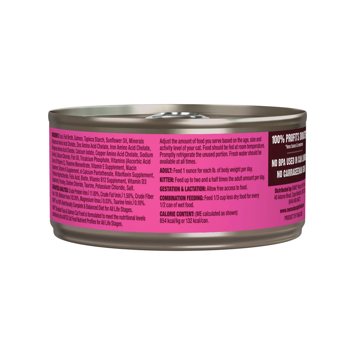 RAWZ Shredded Tuna & Salmon Cat Food Recipe – 5.5 oz package, back label with ingredients