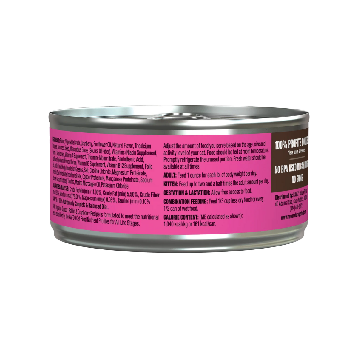 RAWZ Digestive Support Rabbit & Cranberry Cat Food – 5.5 oz package, back label with ingredients